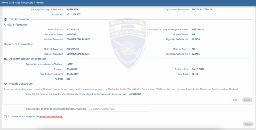 TDAC Thailand Arrival Card - Review and Submission